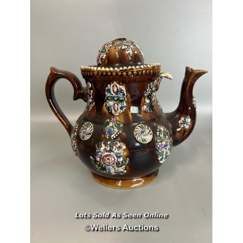 158 - A large vintage bargeware brown glazed teapot, lid missing the handle. 25cm high (Lot subject to VAT... 