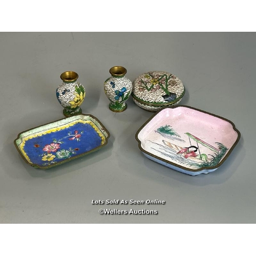 159 - A pair of miniature cloisonne vases (5cm high ) with matching round trinket box and two small dishes... 