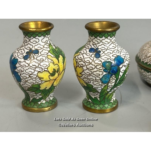 159 - A pair of miniature cloisonne vases (5cm high ) with matching round trinket box and two small dishes... 