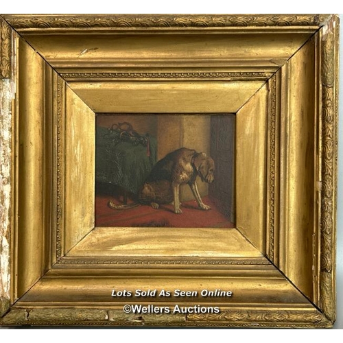 161 - Antique small oil on board painting of a dog head bowed, with what could be armoured gauntlets on th... 