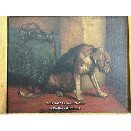 161 - Antique small oil on board painting of a dog head bowed, with what could be armoured gauntlets on th... 