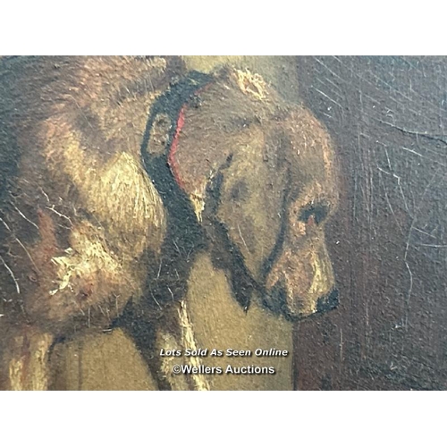 161 - Antique small oil on board painting of a dog head bowed, with what could be armoured gauntlets on th... 