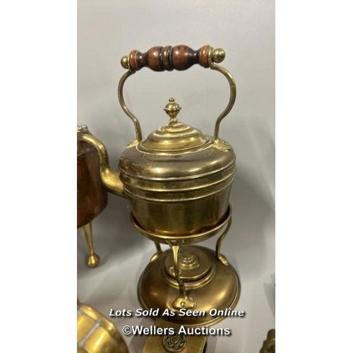 181 - Brass and copperware including large copper teapot, candle holders and decorative items / AN27