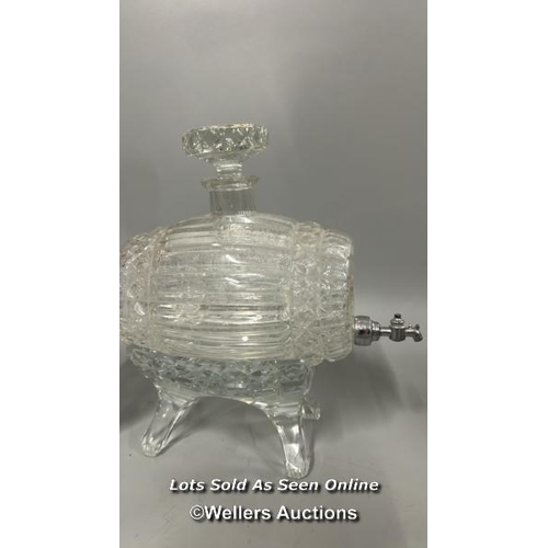 183 - Two cut glass decanters including a barrel on glass stand, and a circular based decanter, tallest 32... 