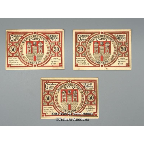 71 - Three Notgeld issued in Colditz 1921. Notgelds are emergency currency normally issued in a time of e... 