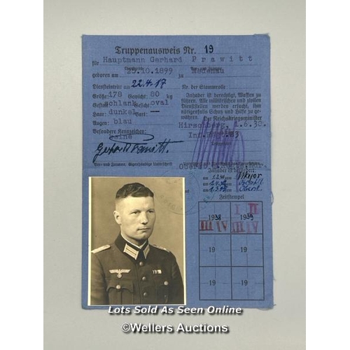 72 - Colonel Gerhard Friedrich Prawitt's original identity pass which appears to have been in use between... 