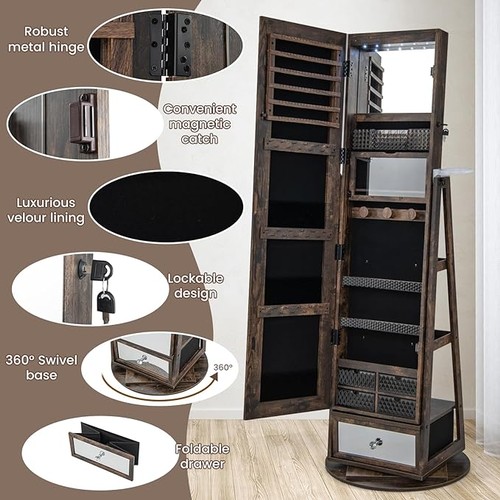 2787 - 3-IN-1 JEWELLERY CABINET WITH LED LIGHTS, 360 DEGREE SWIVEL FREESTANDING JEWELLERY ARMOIRE WITH FULL... 