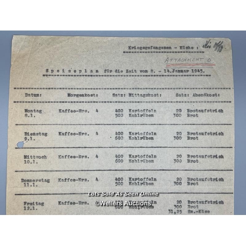 102 - An original WW2 Prisoner of War (POW) menu dated 9-15 April 1945. This details the food for the enti... 