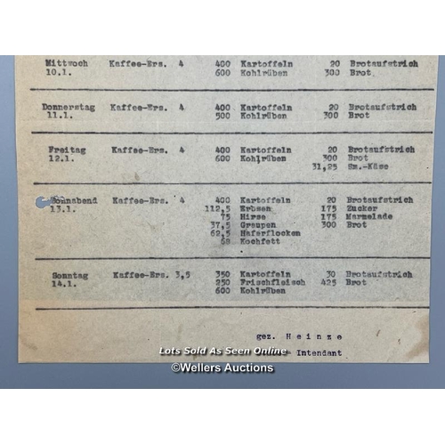 102 - An original WW2 Prisoner of War (POW) menu dated 9-15 April 1945. This details the food for the enti... 