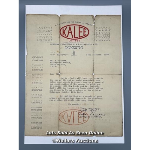 103 - A type written letter from GB 'Kalee Limited' head office in London to employee Mr B. Chapman who is... 