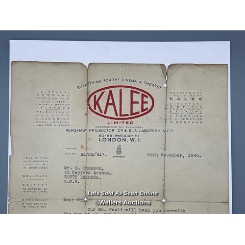 103 - A type written letter from GB 'Kalee Limited' head office in London to employee Mr B. Chapman who is... 