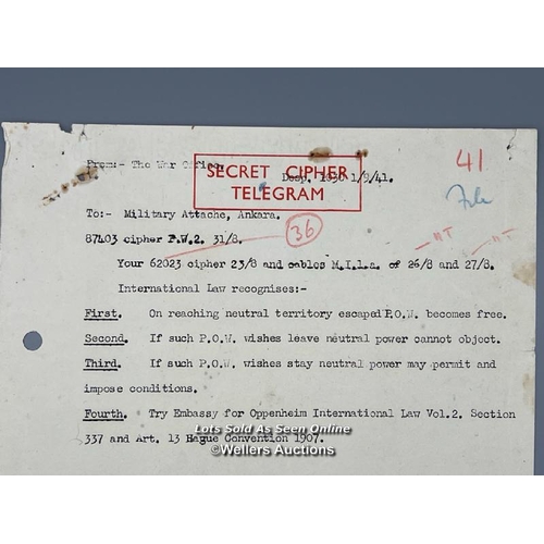 115 - An original secret cipher C.4. telegram from the War Office to the Military Attache, Ankara dated 1s... 