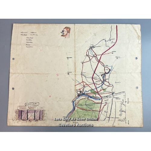 117 - An original hand-drawn coloured mixed media of a map depicting the area arond Frankfurt, Germany dur... 