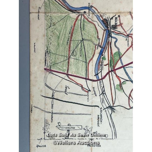 117 - An original hand-drawn coloured mixed media of a map depicting the area arond Frankfurt, Germany dur... 