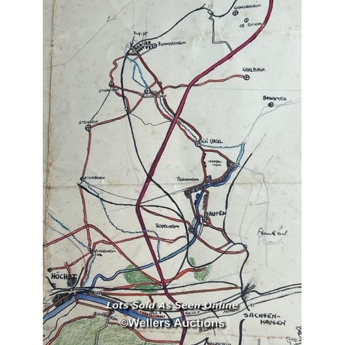 117 - An original hand-drawn coloured mixed media of a map depicting the area arond Frankfurt, Germany dur... 