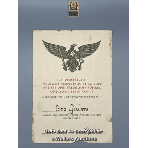 130 - An original German Hitler Youth Oath Certificate signed on 28th March 1943 by Erna Giesbers during W... 