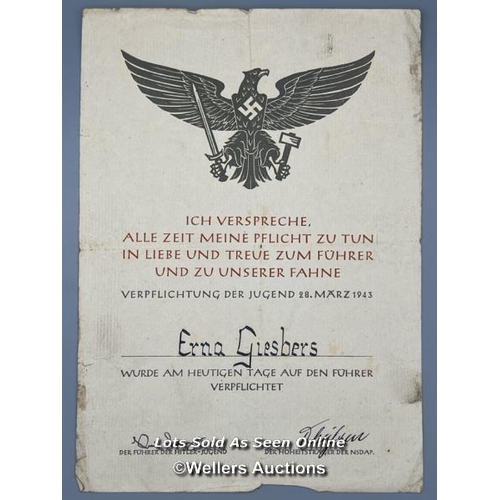 130 - An original German Hitler Youth Oath Certificate signed on 28th March 1943 by Erna Giesbers during W... 