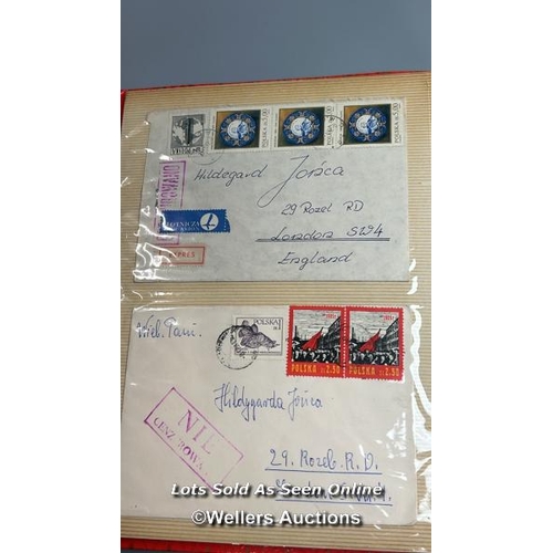 136 - A photo album containing original Polish stamps on letters and postcards  from the 1970s and 1980s.