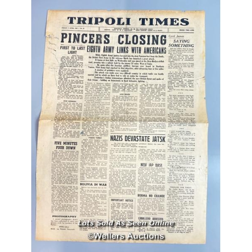 139 - Two original wartime single-sheet newspapers the 'Tripoli Times' dated 9th April and 14th April 1943... 