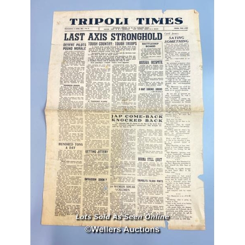 139 - Two original wartime single-sheet newspapers the 'Tripoli Times' dated 9th April and 14th April 1943... 