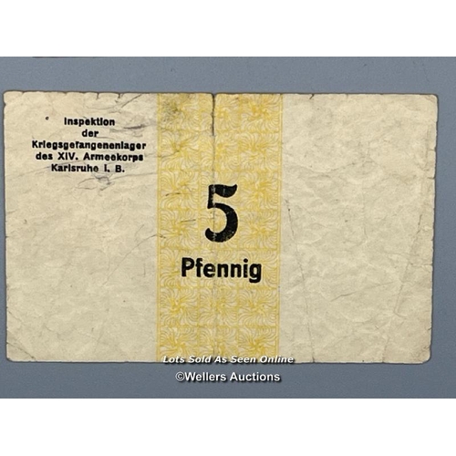 146 - A collection of German currency used in Prisoner of War camps including 
5 and 50 Pfennig banknotes ... 