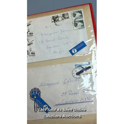 136 - A photo album containing original Polish stamps on letters and postcards  from the 1970s and 1980s.