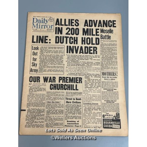 138 - Two original wartime newspapers (WW2), one by the Daily Mirror dated 11th May 1940, and is in very g... 