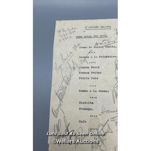 99 - A menu from Dulag Luft (Oberursel), dated 5th April 1941, and signed on both the front and reverse b... 