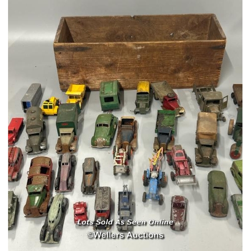 1 - Assorted diecast model vehicles including trucks, tractors, cars and tanks, all in very well used co... 