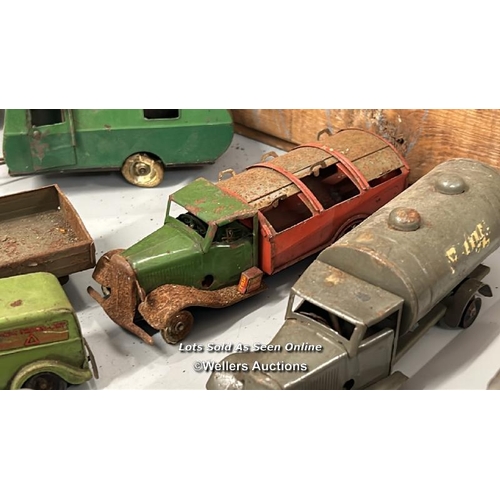 1 - Assorted diecast model vehicles including trucks, tractors, cars and tanks, all in very well used co... 