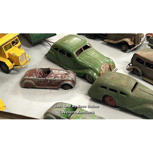 1 - Assorted diecast model vehicles including trucks, tractors, cars and tanks, all in very well used co... 