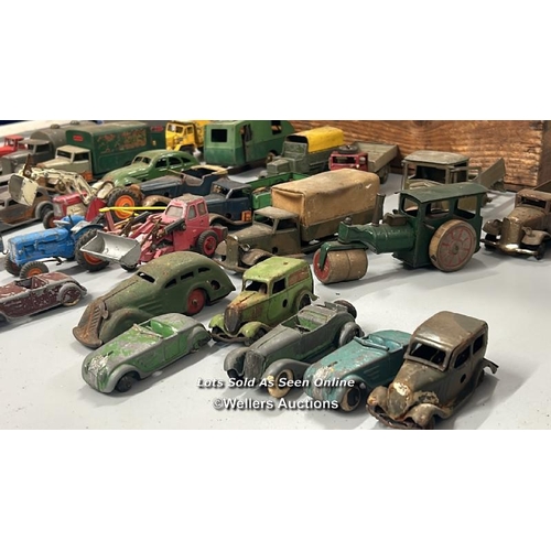 1 - Assorted diecast model vehicles including trucks, tractors, cars and tanks, all in very well used co... 