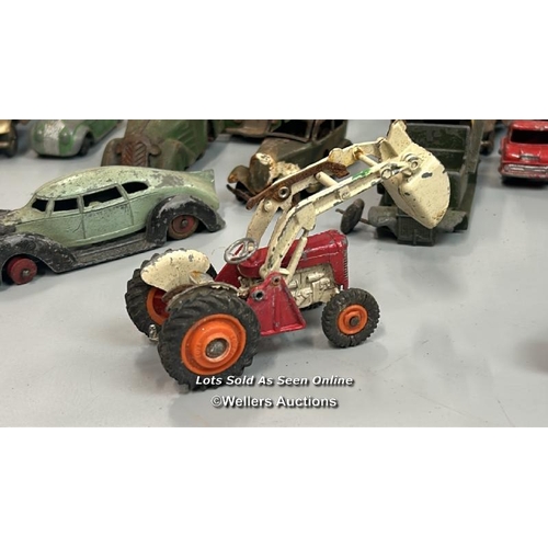 1 - Assorted diecast model vehicles including trucks, tractors, cars and tanks, all in very well used co... 