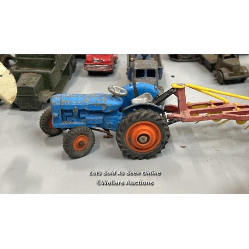 1 - Assorted diecast model vehicles including trucks, tractors, cars and tanks, all in very well used co... 