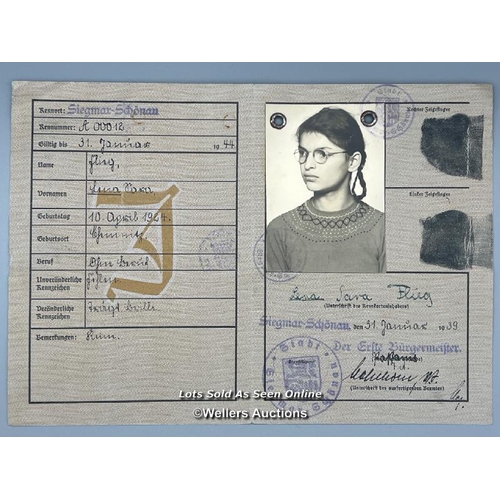 165 - A near-mint condition Kennkarte Jewish German Identity Card issued to Lena 'Sara' Flieg aged 15 (bor... 