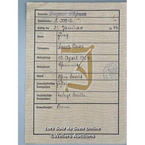 165 - A near-mint condition Kennkarte Jewish German Identity Card issued to Lena 'Sara' Flieg aged 15 (bor... 