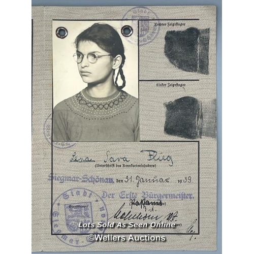 165 - A near-mint condition Kennkarte Jewish German Identity Card issued to Lena 'Sara' Flieg aged 15 (bor... 