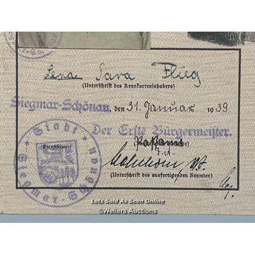 165 - A near-mint condition Kennkarte Jewish German Identity Card issued to Lena 'Sara' Flieg aged 15 (bor... 