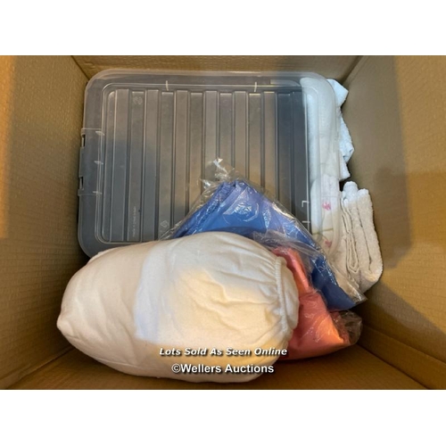 17 - Box of assorted blankets, gift bags, towels and bedding / Container No: XX02321