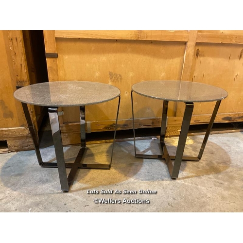 41 - Matching pair of modern circular glass tables, one table top is loose, 58cm h x 60cm dia / Container... 