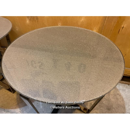 41 - Matching pair of modern circular glass tables, one table top is loose, 58cm h x 60cm dia / Container... 