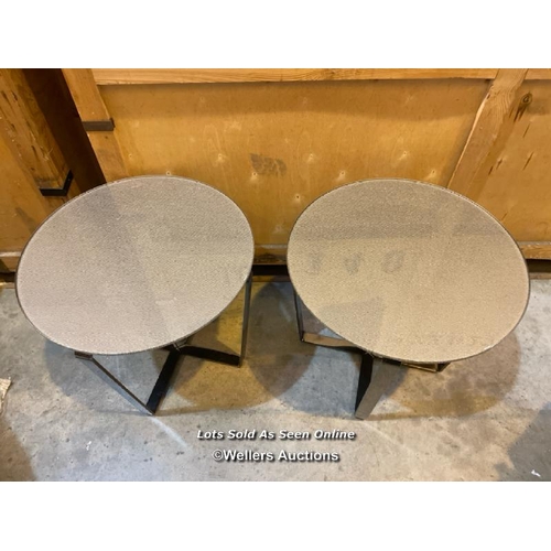 41 - Matching pair of modern circular glass tables, one table top is loose, 58cm h x 60cm dia / Container... 