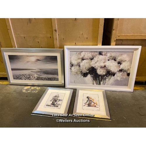 45 - Four framed pictures, one a floral painting, largest measures 77cm h x 116cm w / Container No: XX023... 