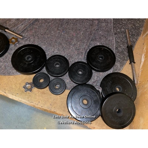 46 - Assorted gym weight plates and bars for dumbells / Container No: XX02325