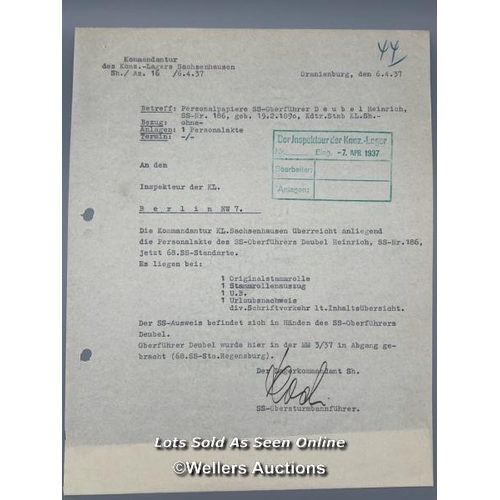 184 - An original SS (Schutzstaffel) form dated 6th April 1937 regarding personal documents of SS-Oberfuhr... 