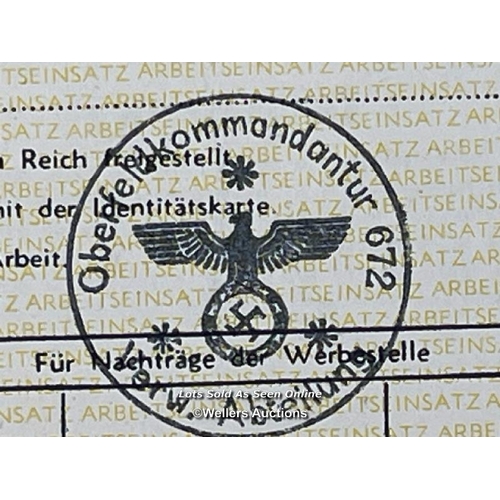 199 - An original blank German Nazi 'Exemption from Work in the Reich' Certificate from 1942 during WW2. T... 