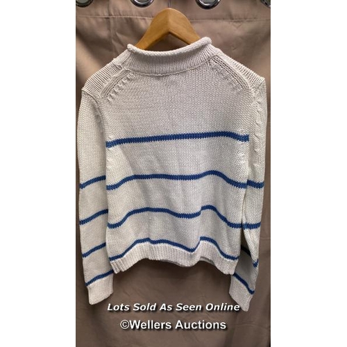 9579 - WHITE COMPANY ORGANIC COTTON STRIPE FUNNEL NECK JUMPER SIZE UK M - BRAND NEW