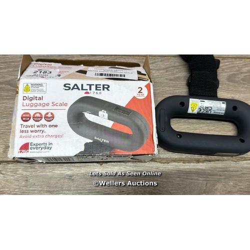 2183 - SALTER DIGITAL LUGGAGE SCALE / POWERS UP / MINIMAL SIGNS OF USE / E22