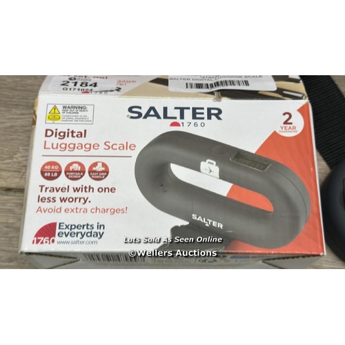 2184 - SALTER DIGITAL LUGGAGE SCALE / POWERS UP / MINIMAL SIGNS OF USE / E22