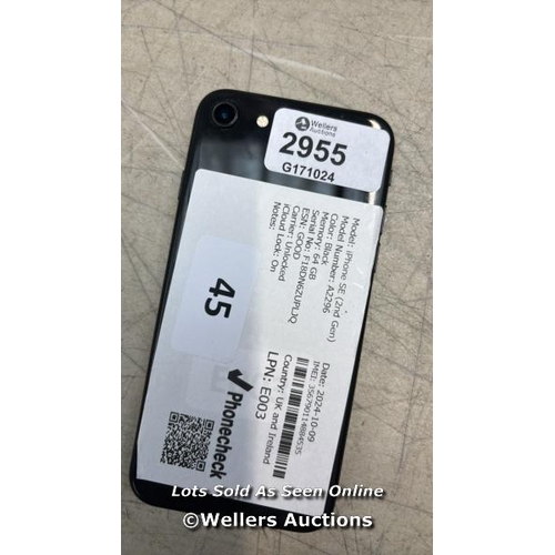 2955 - APPLE IPHONE SE (2ND GEN) / A2296/ 64GB / I-CLOUD LOCKED / IMEI 356790114884535